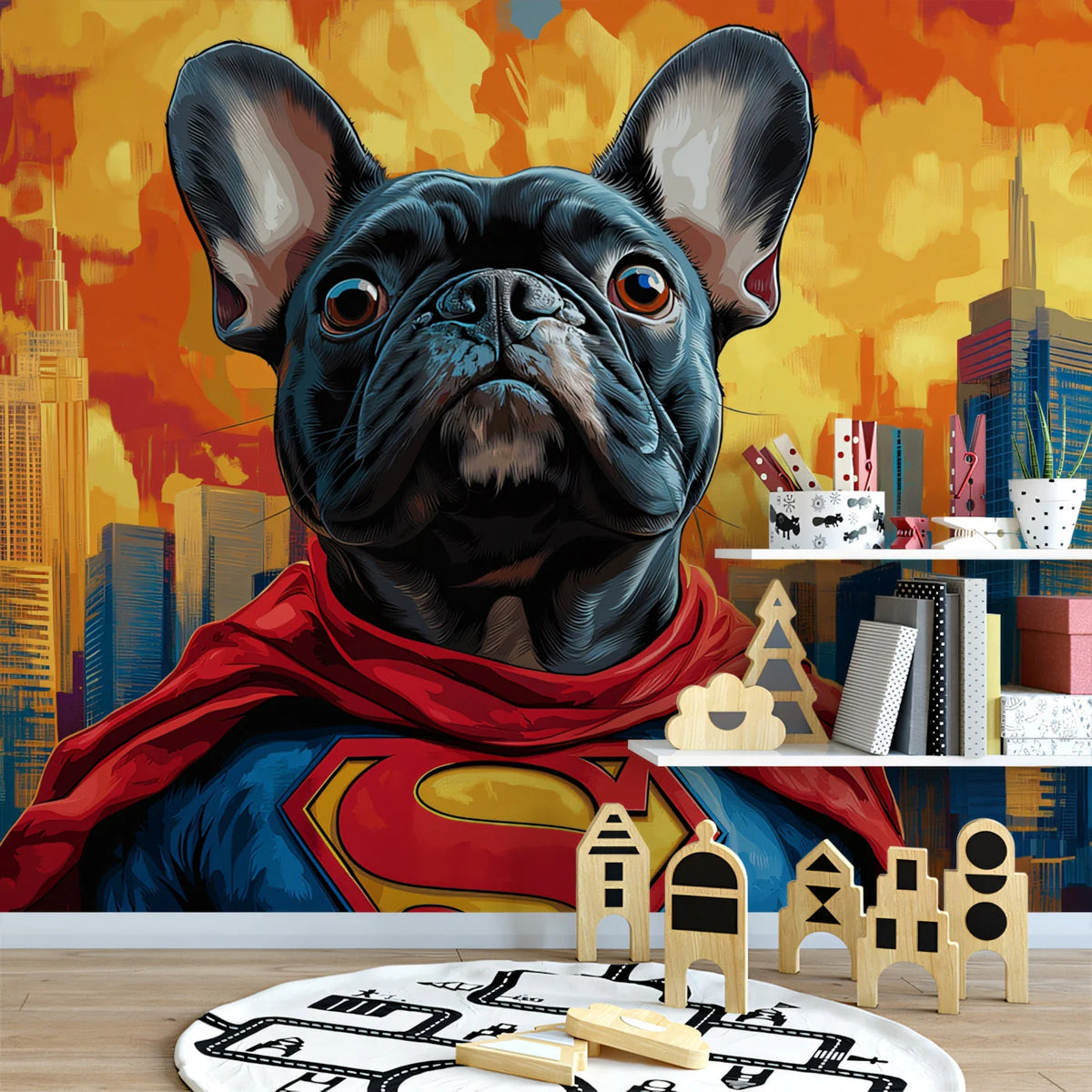 Superhero Frenchie Mural Wallpaper — Vibrant Cityscape Graphic Mural Wallpaper - pure wallpaper artwork