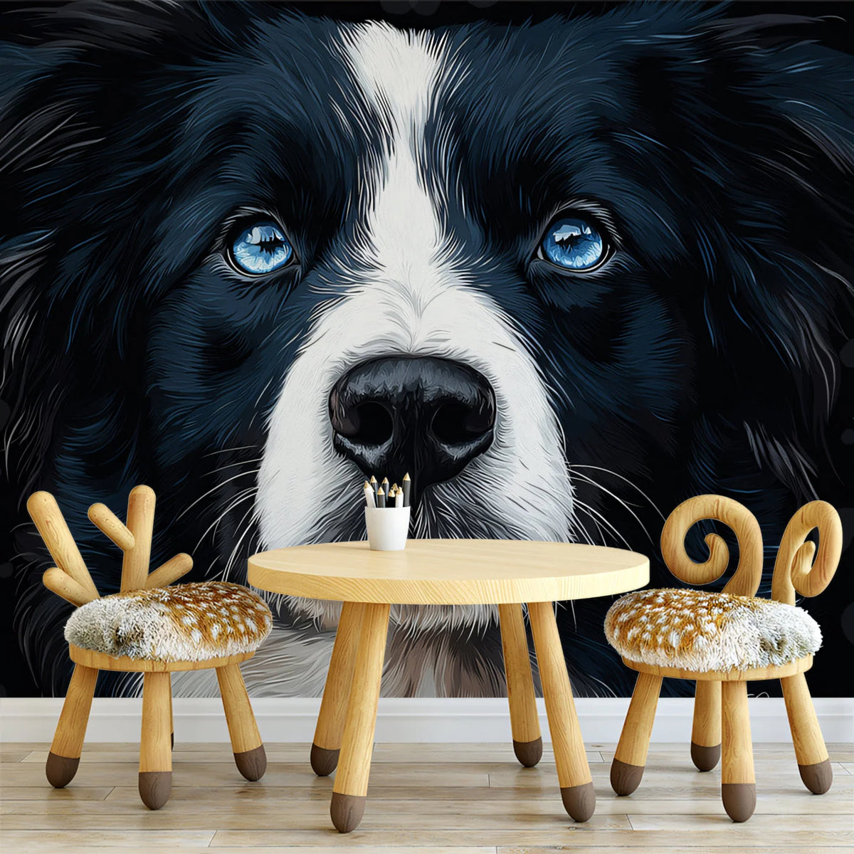 Blue-Eyed Border Collie Portrait Mural Wallpaper — Artistic Focus Mural Wallpaper - pure wallpaper artwork