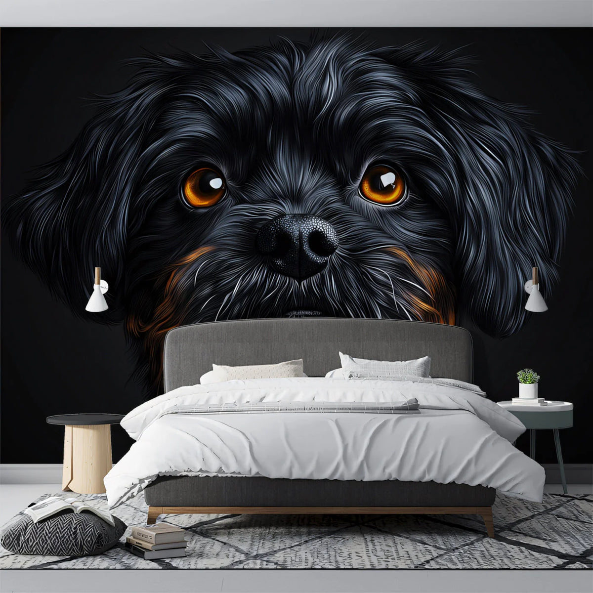 Black Dog Portrait Mural Wallpaper —Striking Amber Gaze Mural Wallpaper - pure wallpaper artwork