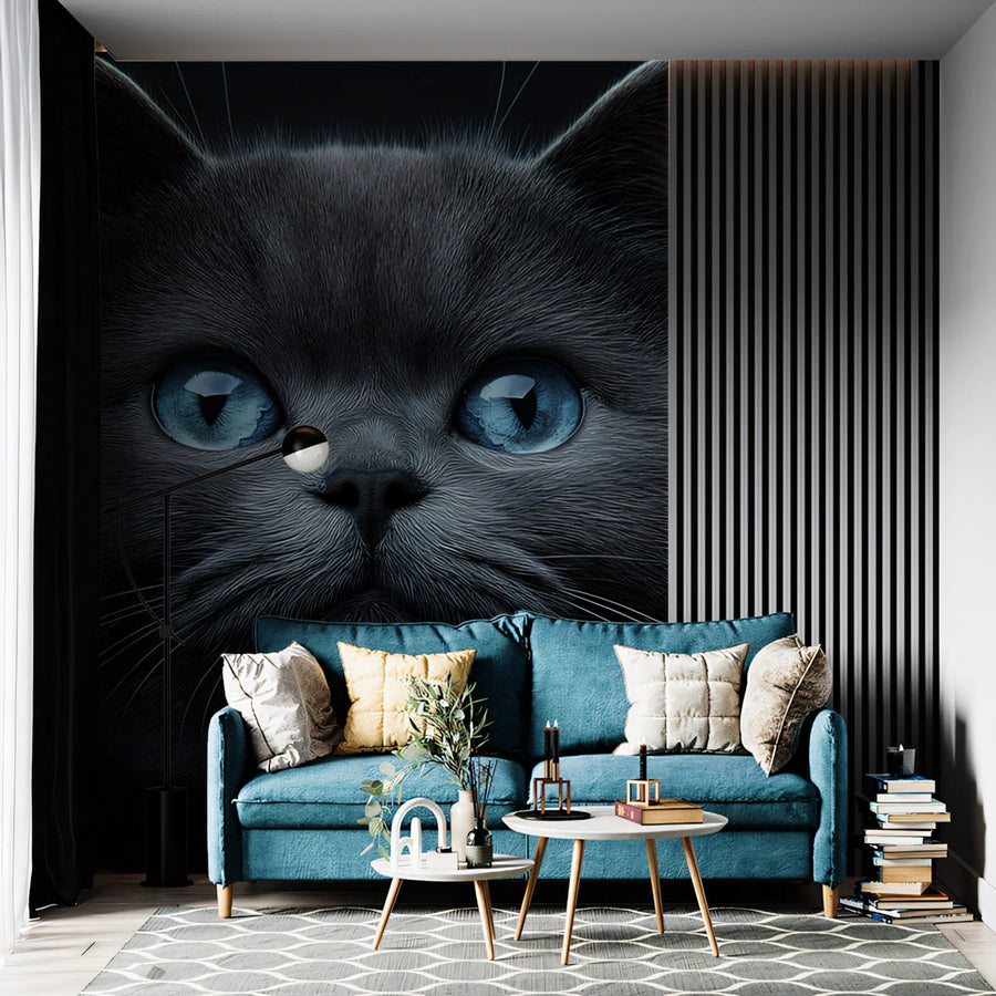 Staring Blue-Eyed Cat Mural Wallpaper — Moody Portrait Design Mural Wallpaper