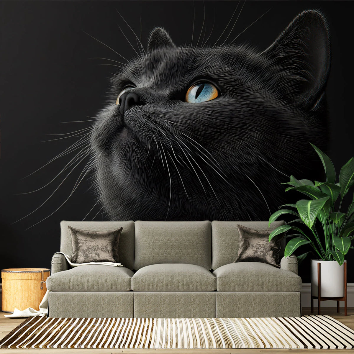 Heterochromatic Cat Portrait Mural Wallpaper — Dark Realistic Style Mural Wallpaper - pure wallpaper artwork