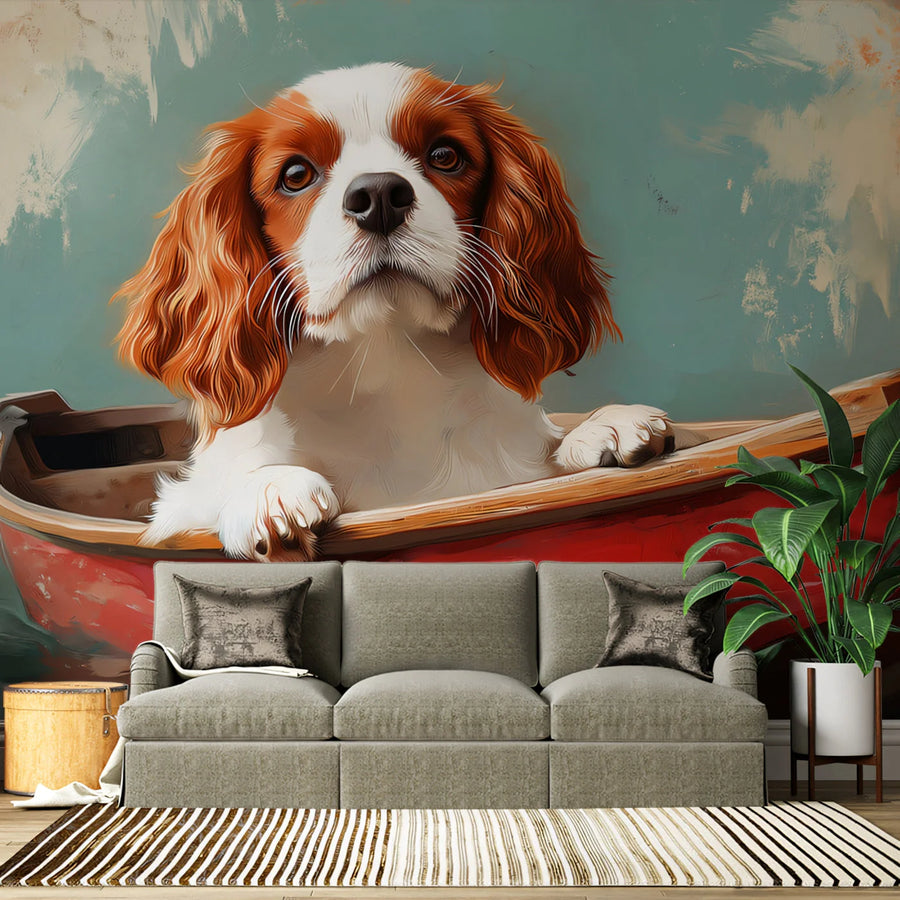 Cavalier Spaniel in Red Boat Mural Wallpaper — Artistic Whimsy Mural Wallpaper