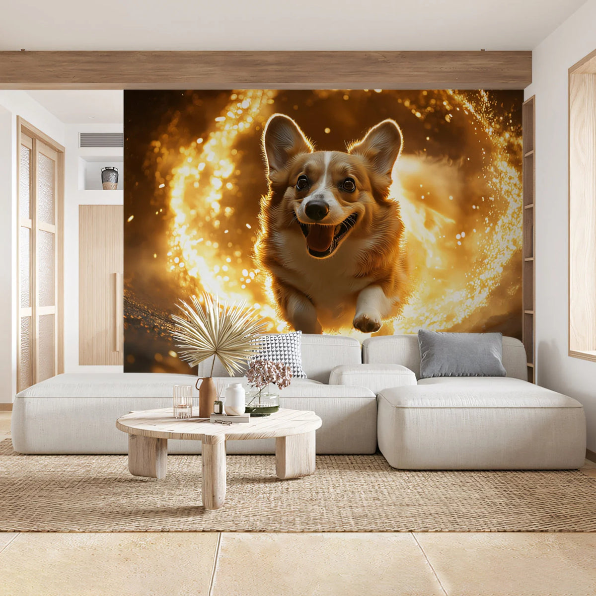 Magical Corgi Portal Mural Wallpaper — Whimsical Gold Glow Mural Wallpaper - pure wallpaper artwork