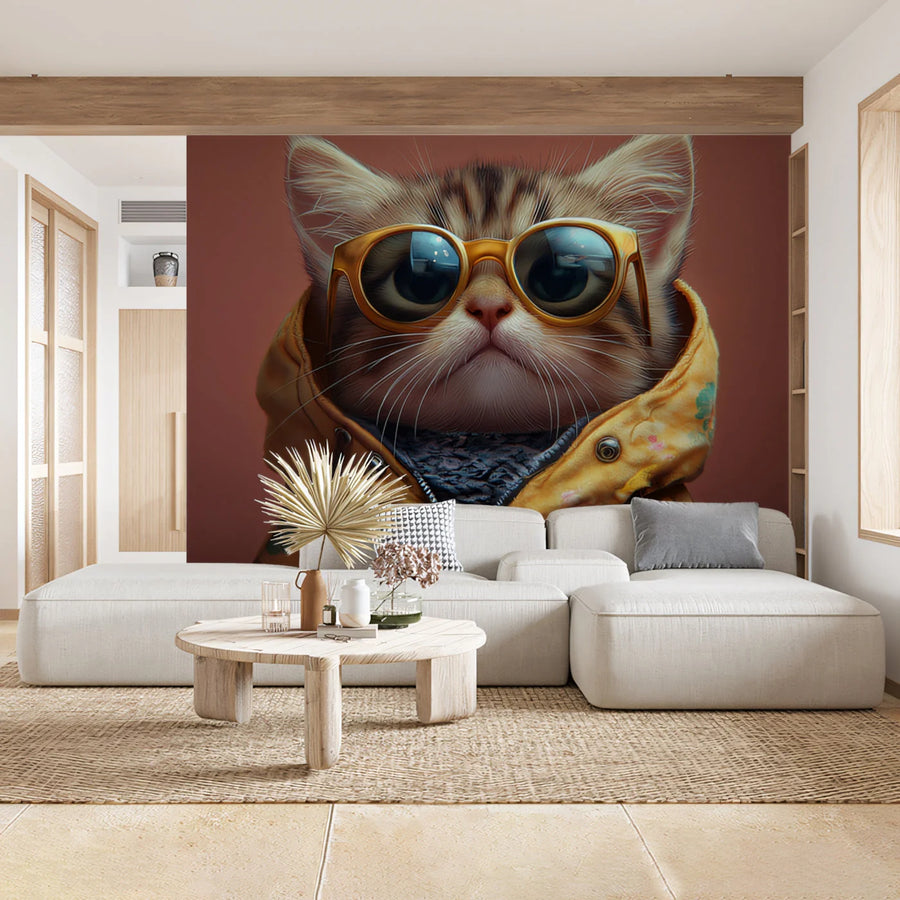 Hipster Kitten Mural Wallpaper — Quirky Playful Wall Decor Mural Wallpaper