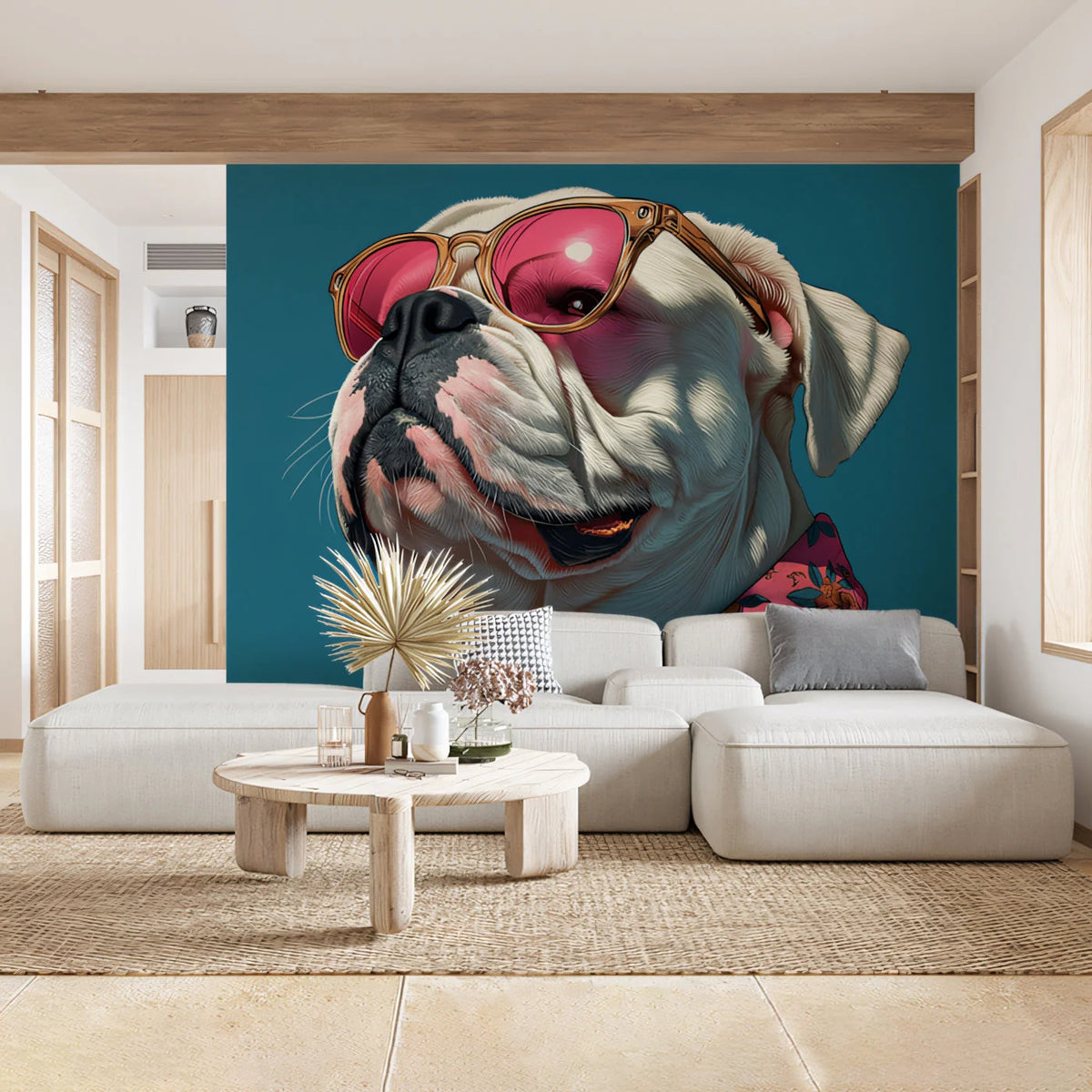 Cool Bulldog Mural Wallpaper with Floral Shirt and Pink Shades Mural Wallpaper - pure wallpaper artwork