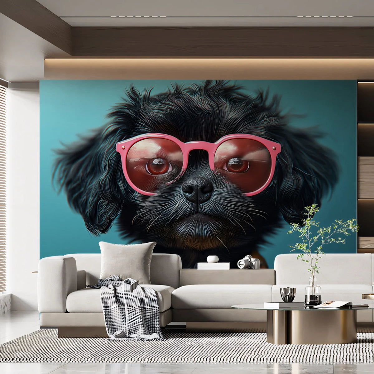 Cool Black Dog Mural Wallpaper —Trendy Teal and Floral Motif Mural Wallpaper - pure wallpaper artwork