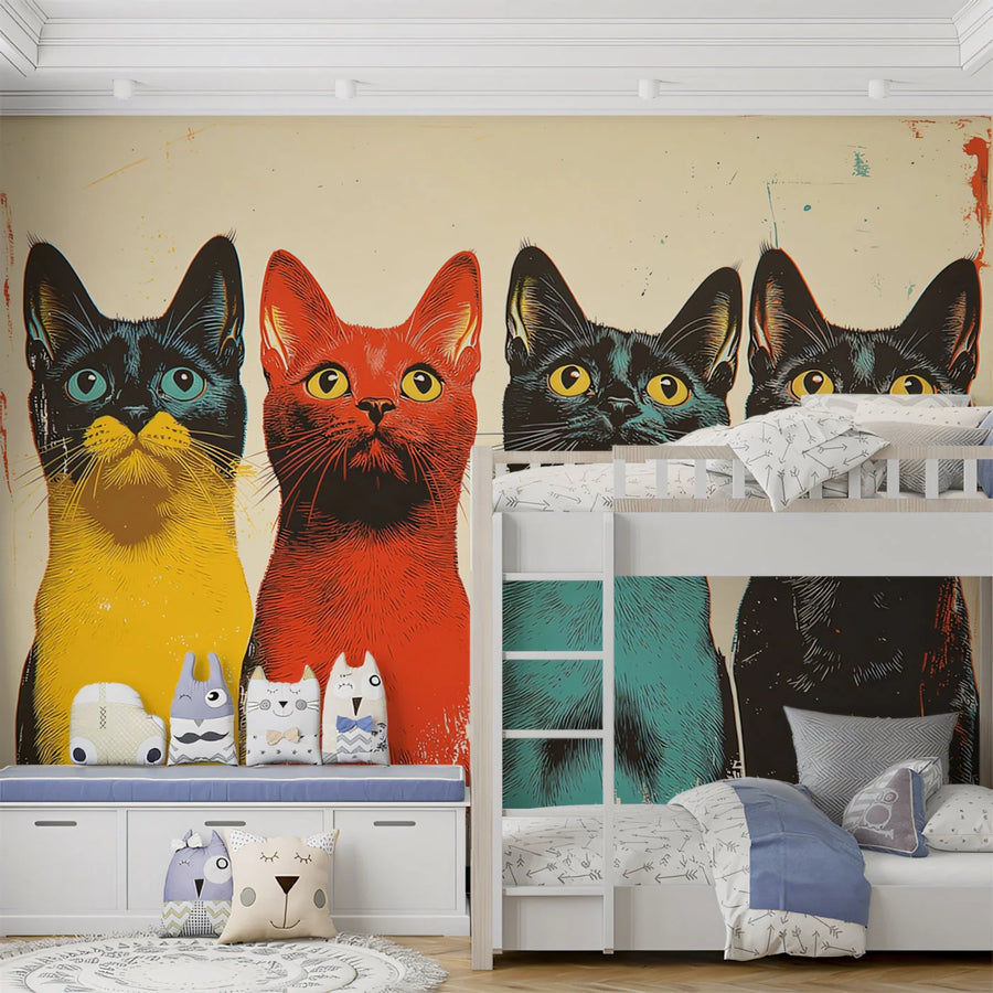 Pop Art Cat Lineup Mural Wallpaper — Colorful Whimsical Decor Mural Wallpaper