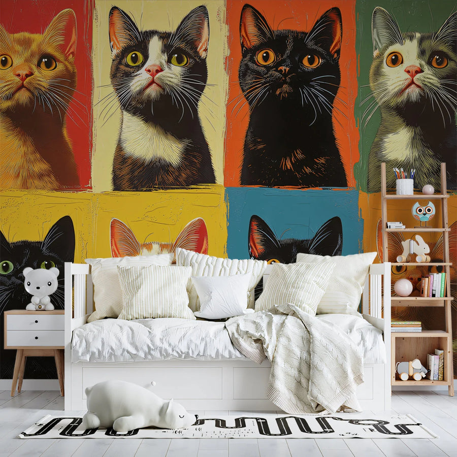 Feline Portrait Grid Mural Wallpaper —Colorful Pop Art Style Mural Wallpaper
