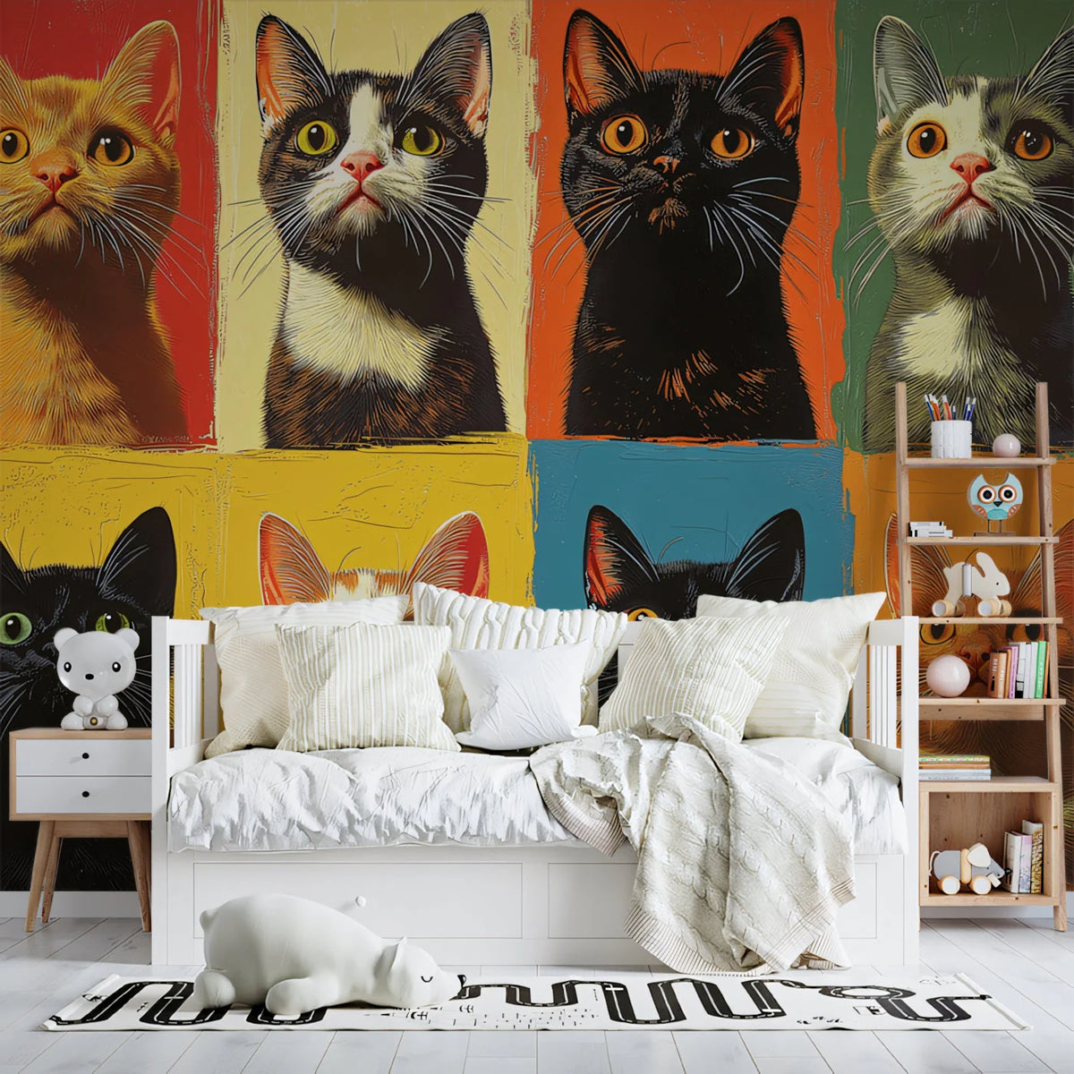 Feline Portrait Grid Mural Wallpaper —Colorful Pop Art Style Mural Wallpaper - pure wallpaper artwork