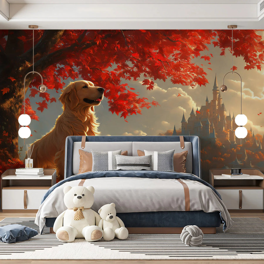 Autumn Golden Retriever Mural Wallpaper — Enchanted Castle Scene Mural Wallpaper