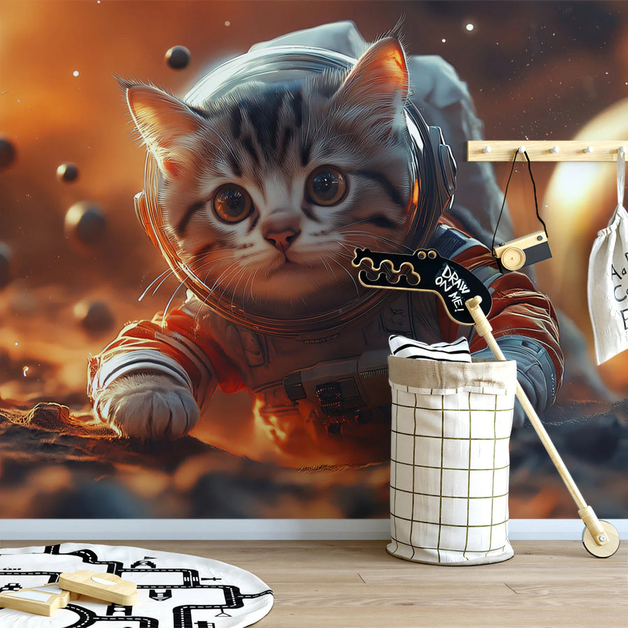 Astronaut Kitten Mural Wallpaper —Whimsical Space Adventure Mural Wallpaper