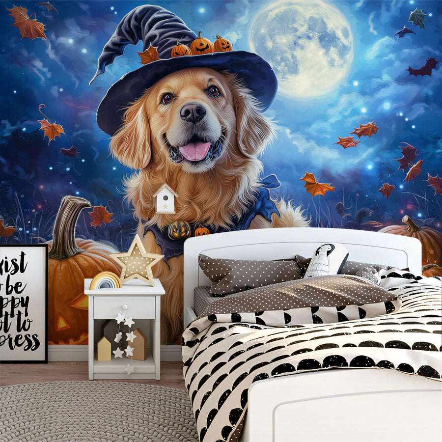 Halloween Golden Retriever Mural Wallpaper — Spooky Autumn Night Mural Wallpaper