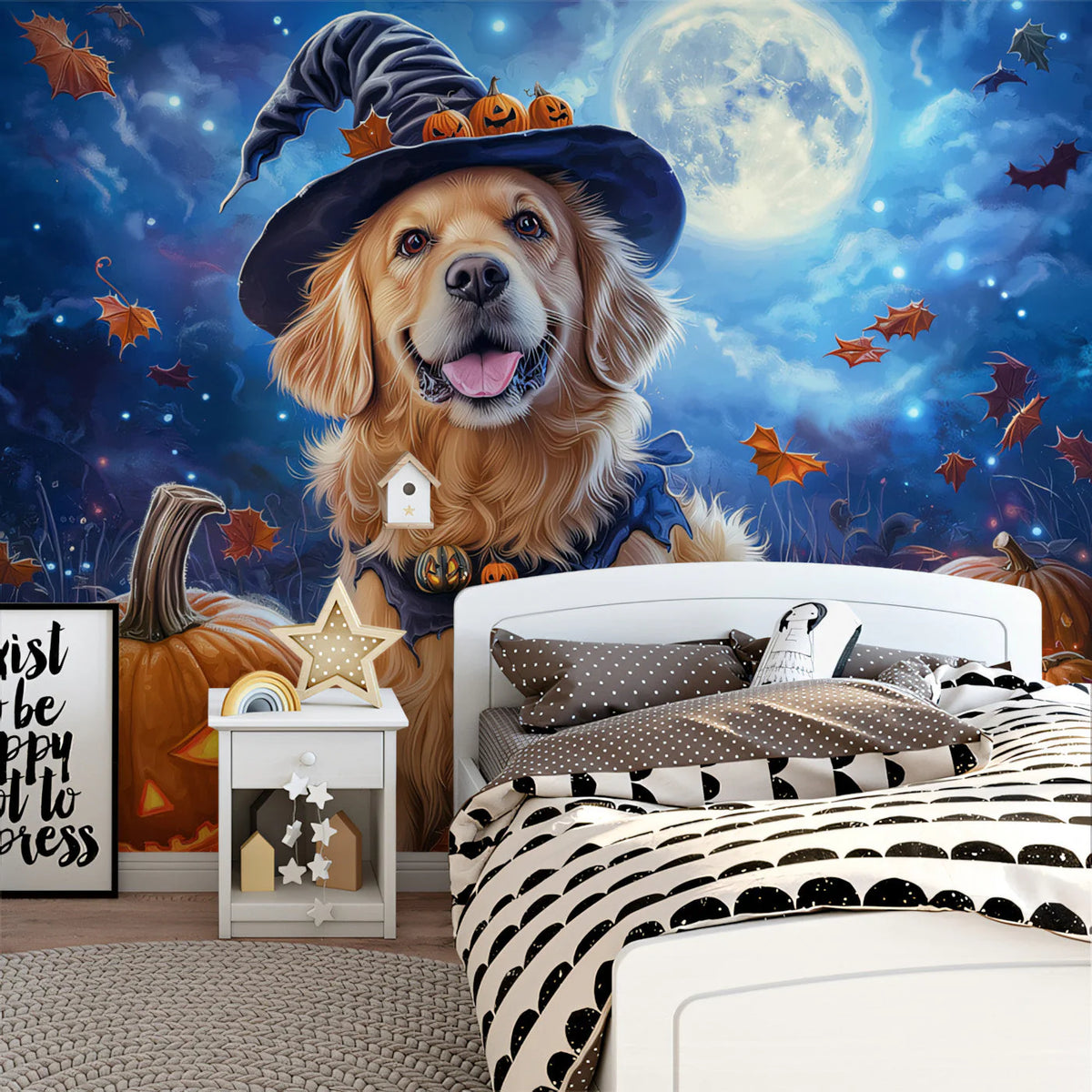 Halloween Golden Retriever Mural Wallpaper — Spooky Autumn Night Mural Wallpaper - pure wallpaper artwork