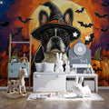 Witchy Frenchie Halloween Mural Wallpaper — Playful Seasonal Decor Mural Wallpaper - pure wallpaper artwork