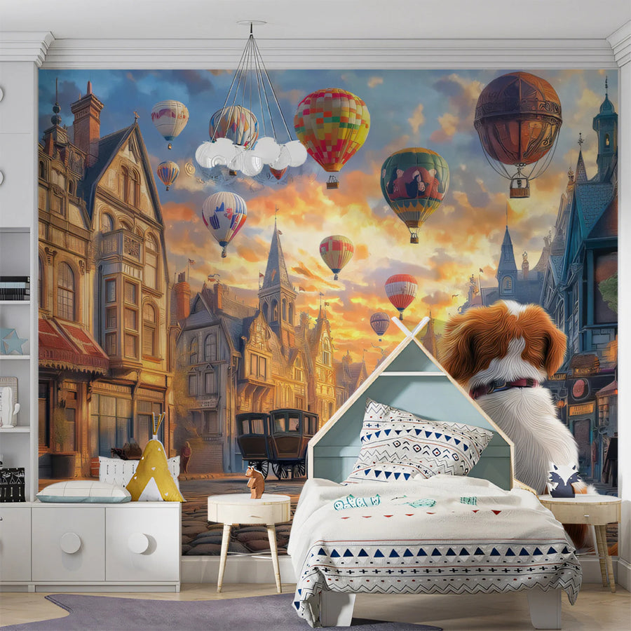 Balloon Town Adventure Mural Wallpaper — Whimsical Sunset Scene Mural Wallpaper
