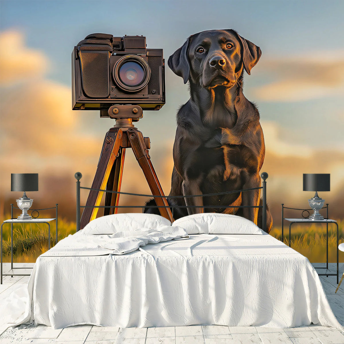 Labrador and Vintage Camera Mural Wallpaper — Warm Golden Hour Mural Wallpaper - pure wallpaper artwork
