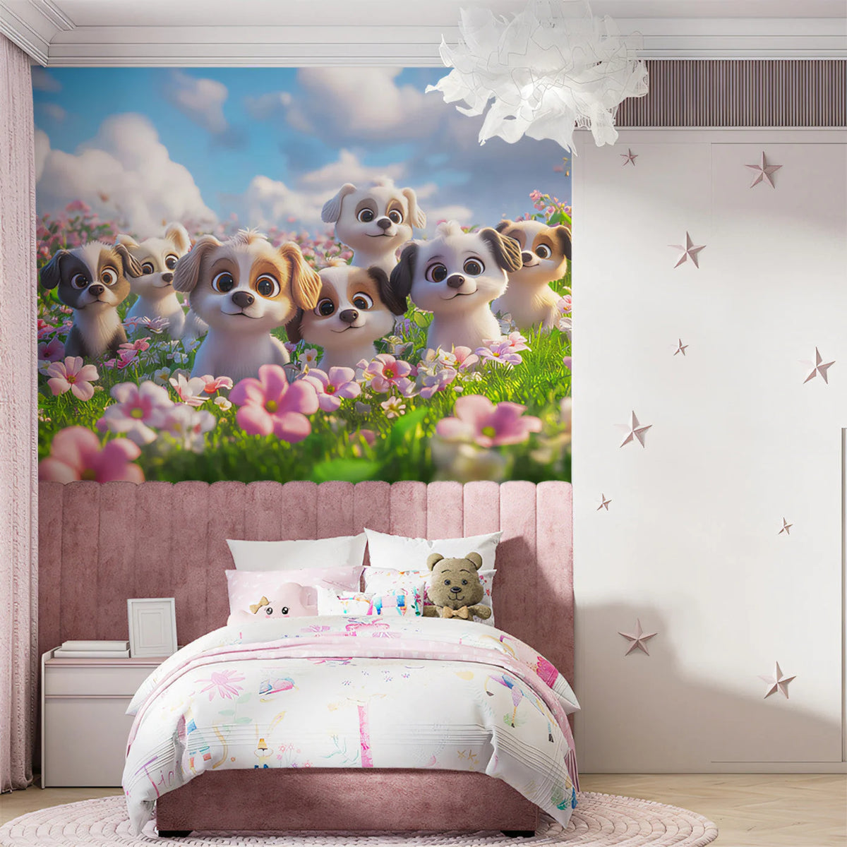 Puppy Meadow Mural Wallpaper — Whimsical Garden Scene Mural Wallpaper - pure wallpaper artwork