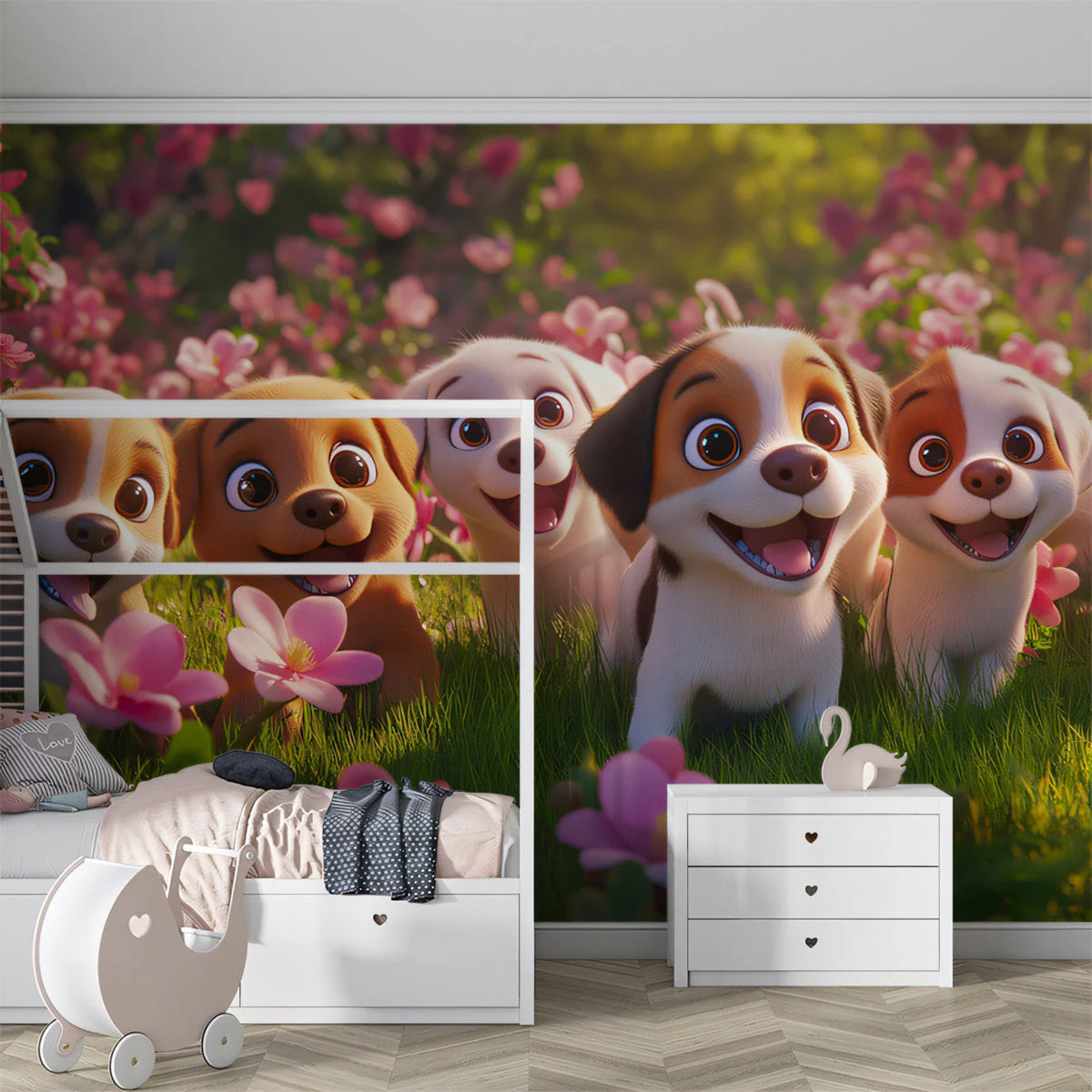 Puppy Meadow Playtime Mural Wallpaper — Whimsical Floral Design Mural Wallpaper - pure wallpaper artwork