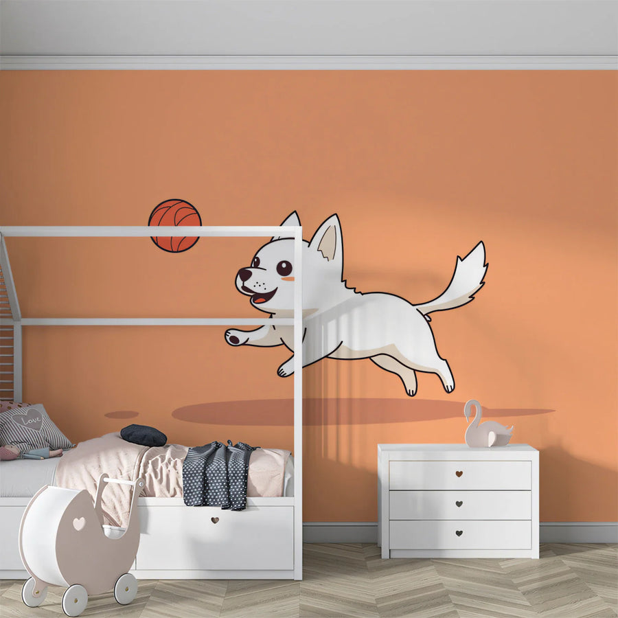 Playing Dog Mural Wallpaper — Whimsical Cartoon Sports Design Mural Wallpaper