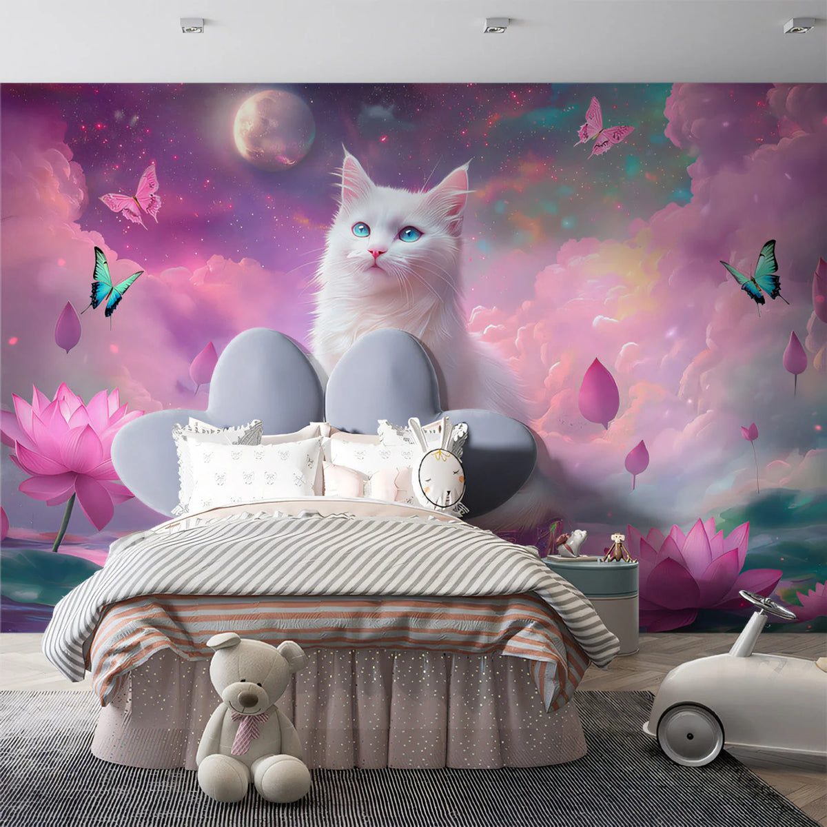 Cosmic White Cat Mural Wallpaper — Whimsical Fantasy Scene Mural Wallpaper - pure wallpaper artwork