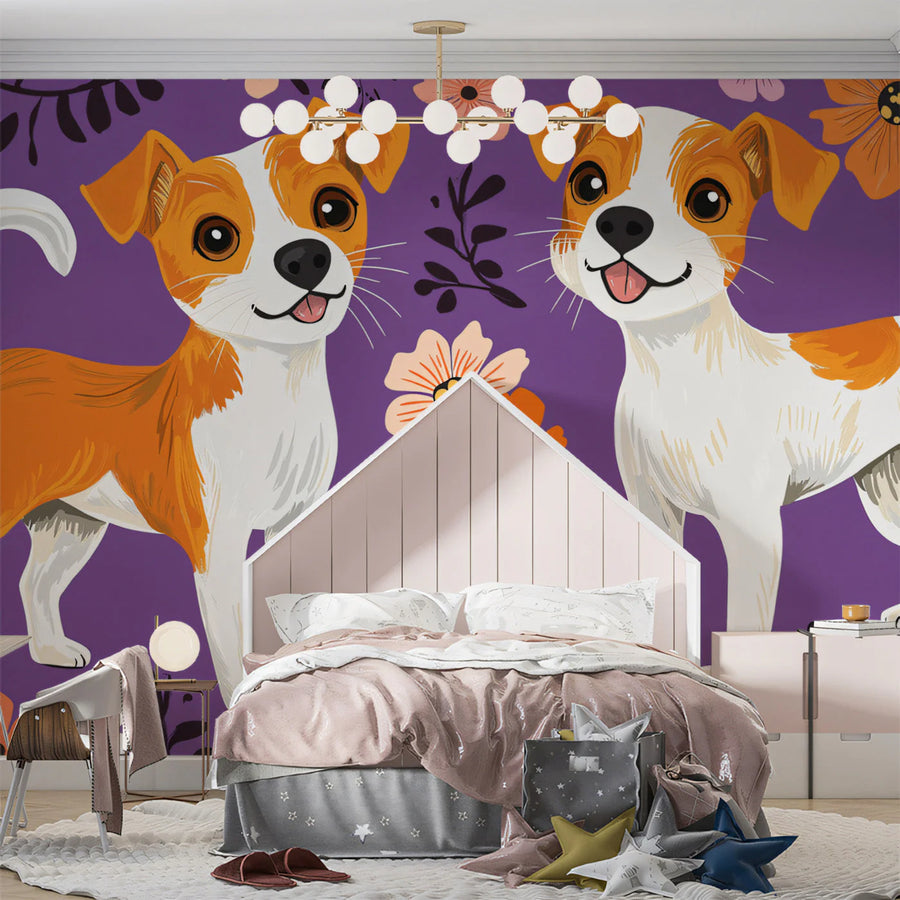 Playful Puppy Floral Mural Wallpaper — Colorful Cartoon Style Mural Wallpaper
