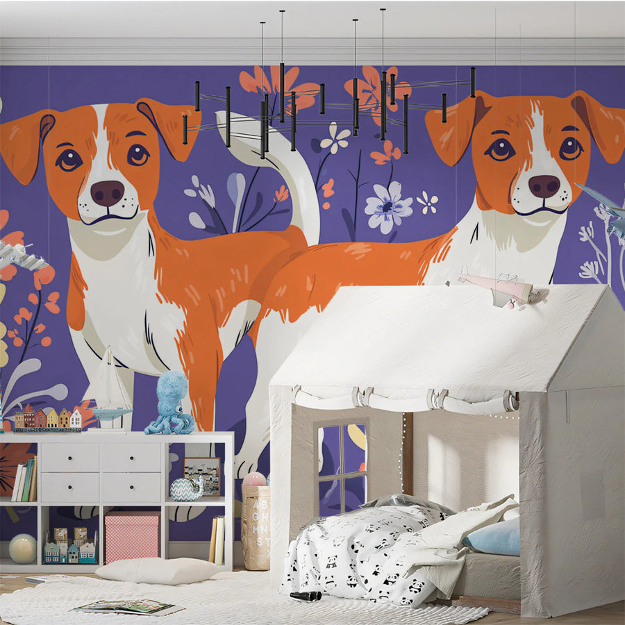 Playful Jack Russell Terrier Floral Mural Wallpaper