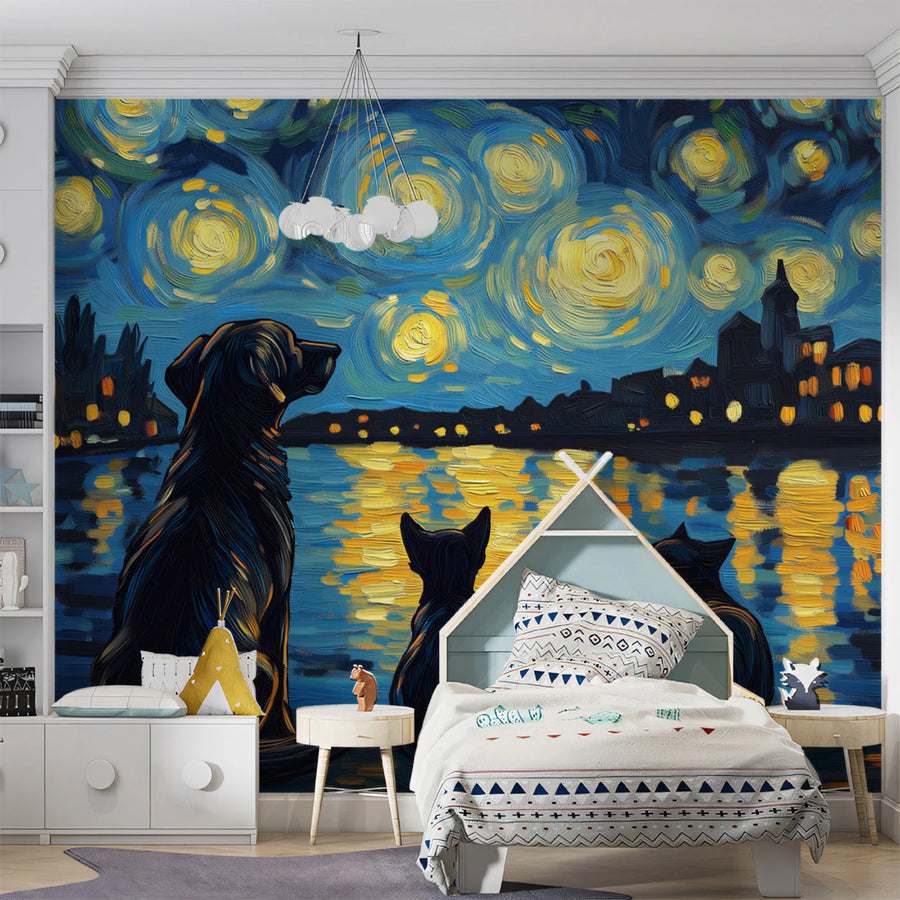 Starry Night Pet Companions Mural Wallpaper — Artistic Design Mural Wallpaper