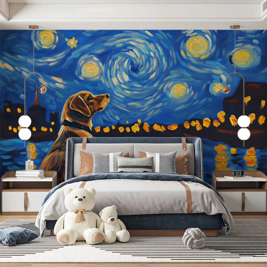 Starry Night Pet Companions Mural Wallpaper — Artistic Design Mural Wallpaper