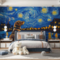 Starry Night Pet Companions Mural Wallpaper — Artistic Design Mural Wallpaper - pure wallpaper artwork