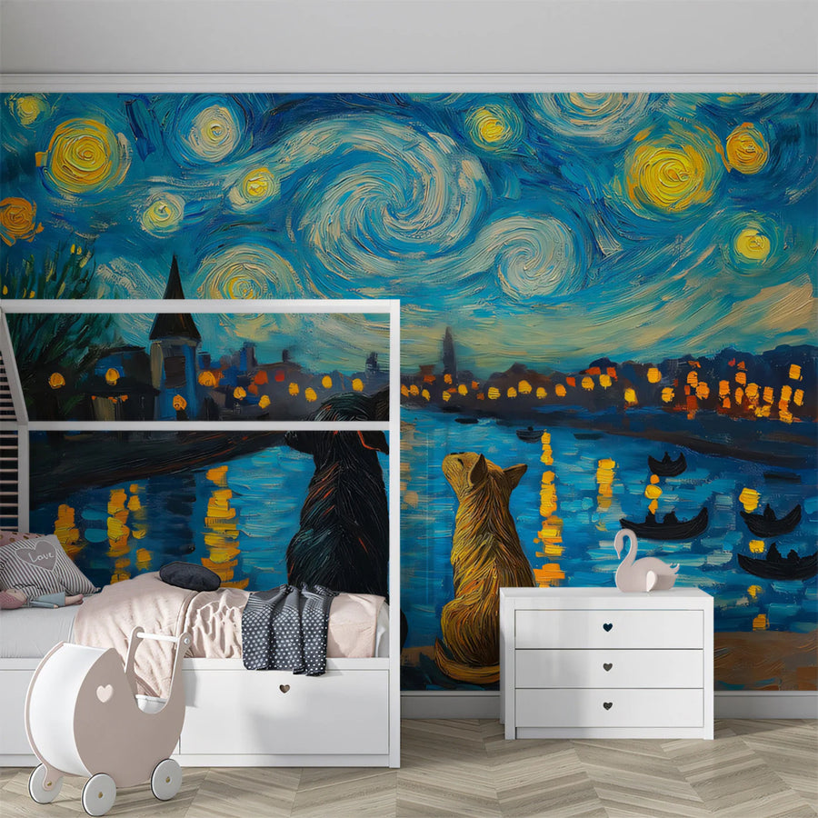 Starry Night Dogs Mural Wallpaper — Impressionist Art Wall Decor Mural Wallpaper