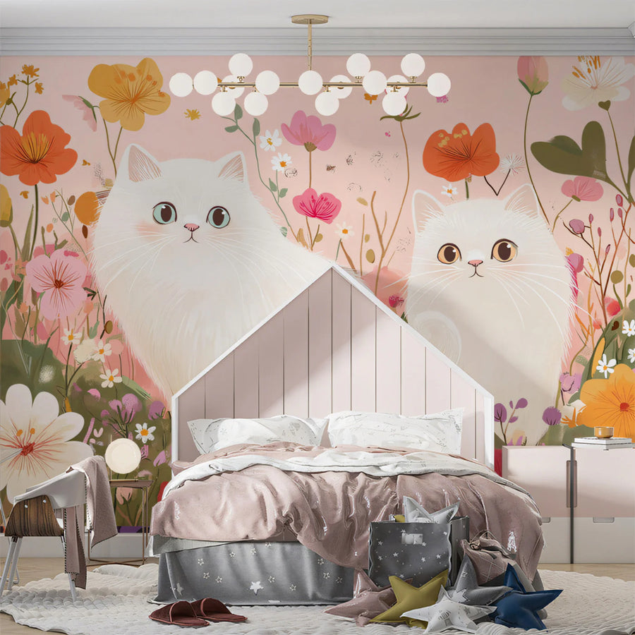 White Persian Cats in Floral Meadow Mural Wallpaper