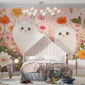 White Persian Cats in Floral Meadow Mural Wallpaper - pure wallpaper artwork