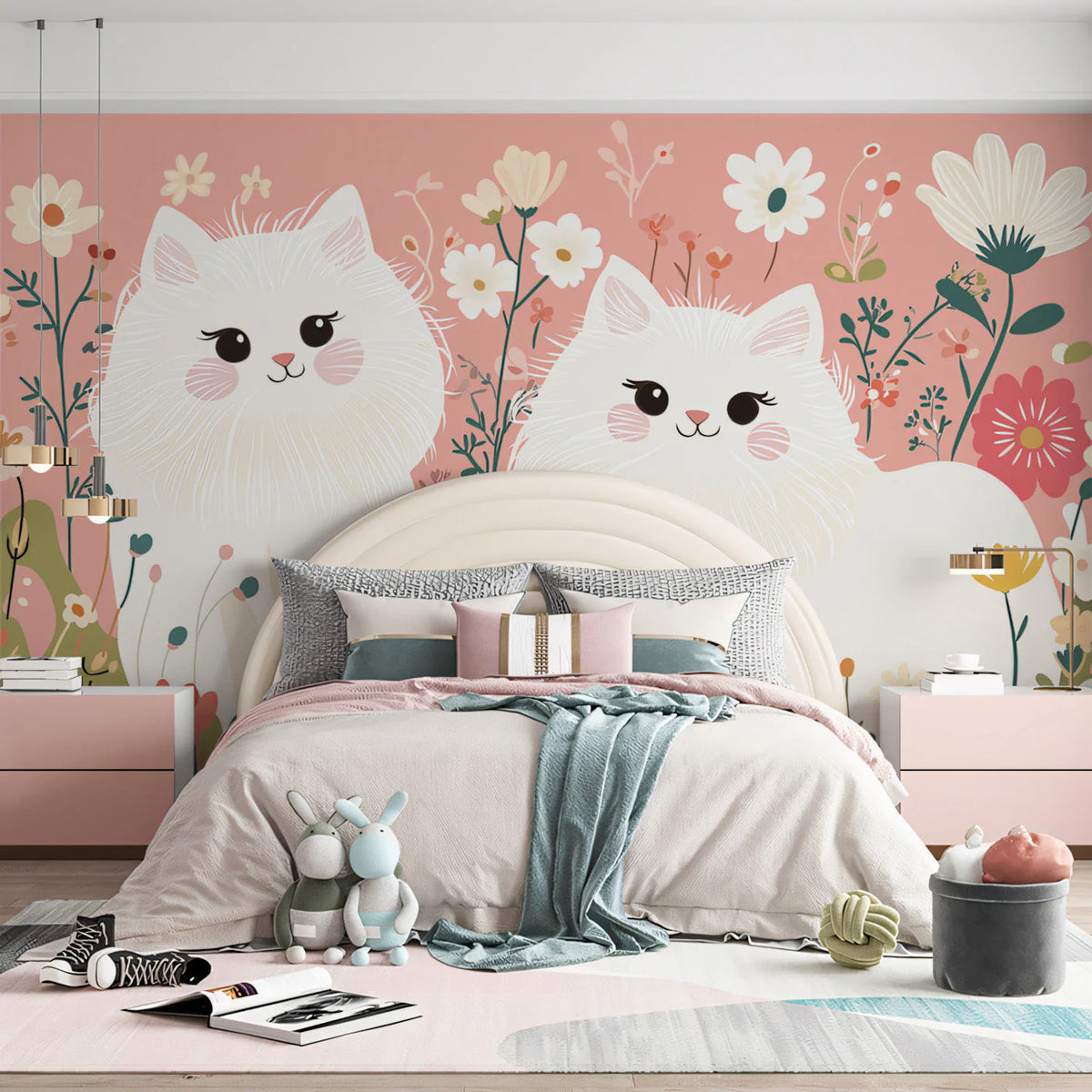 Fluffy Cats in Floral Wonderland Mural Wallpaper — Whimsical Style Mural Wallpaper - pure wallpaper artwork