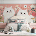 Fluffy Cats in Floral Wonderland Mural Wallpaper — Whimsical Style Mural Wallpaper - pure wallpaper artwork
