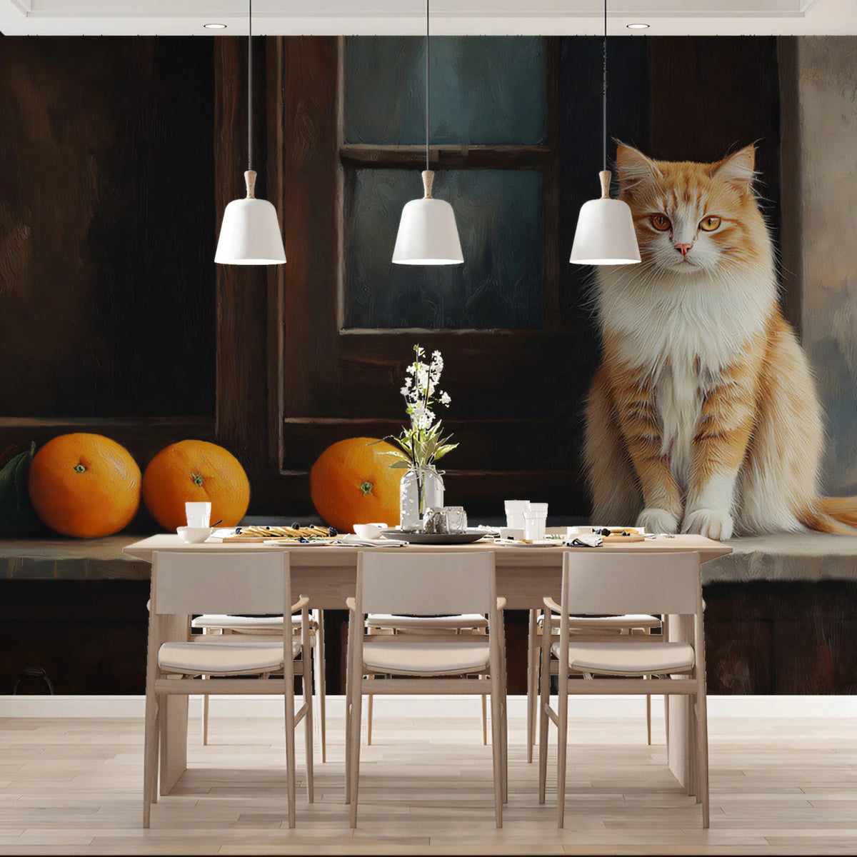 Ginger Cat Kitchen Mural Wallpaper —Realistic Still Life Scene Mural Wallpaper - pure wallpaper artwork