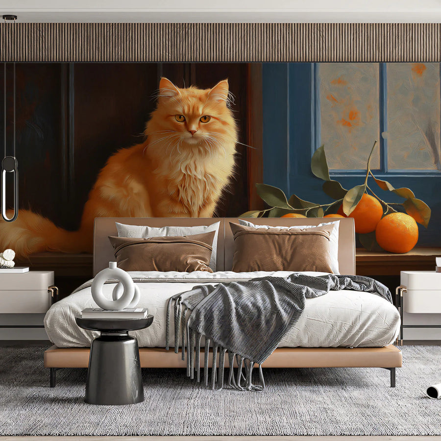 Ginger Cat and Citrus Still Life Mural Wallpaper —Painterly Style Mural Wallpaper