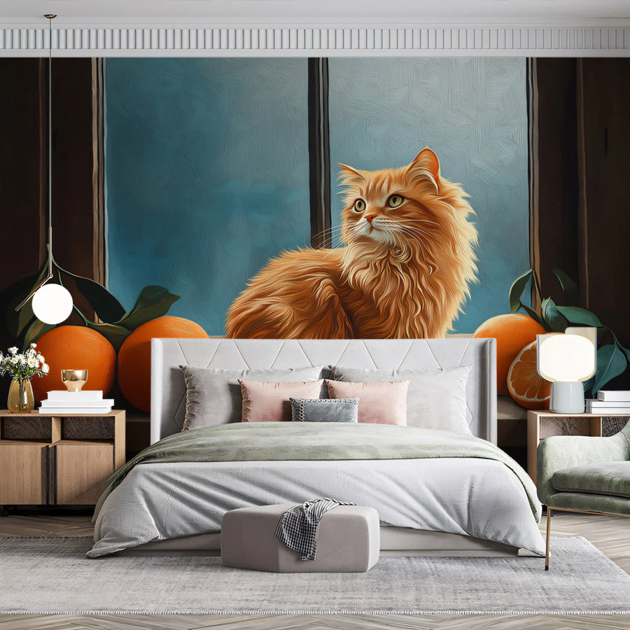 Ginger Cat and Oranges Mural Wallpaper —Cozy Artistic Style Mural Wallpaper