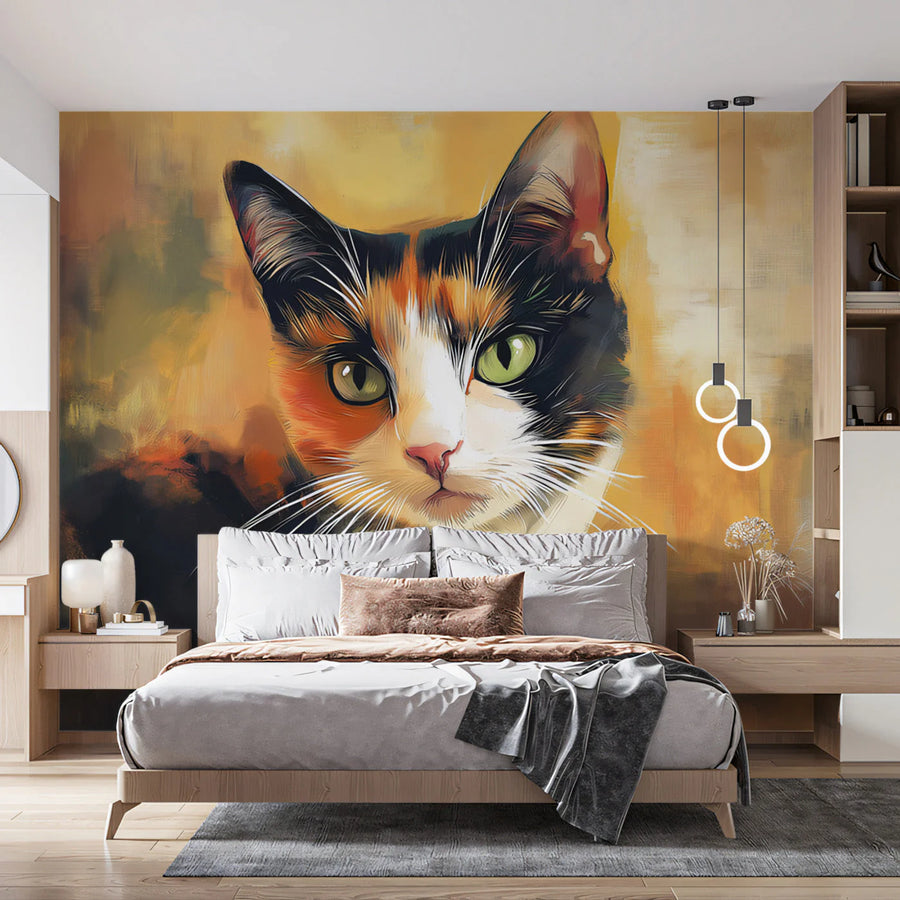 Calico Cat Artistic Mural Wallpaper — Painterly Animal Portrait Mural Wallpaper
