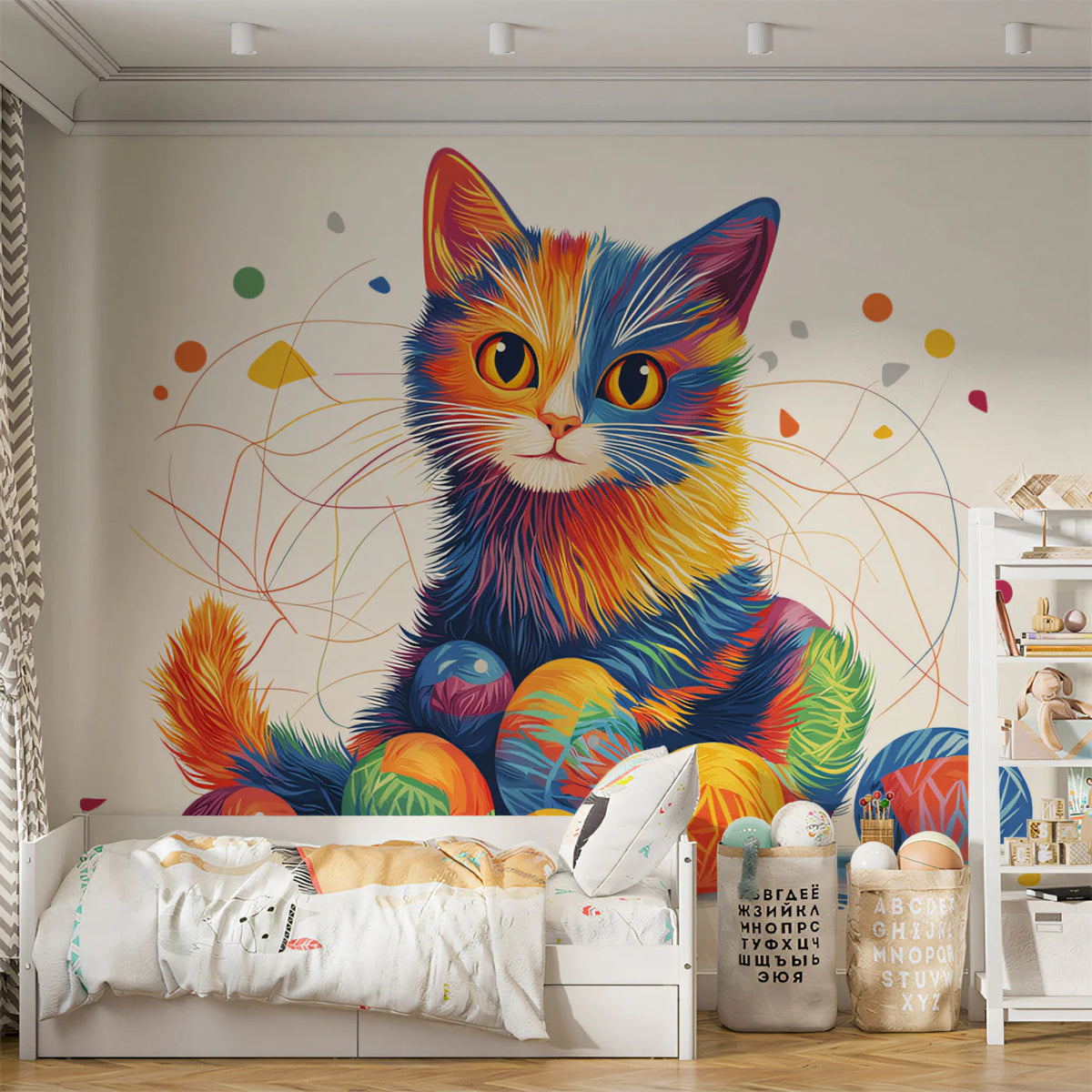 Rainbow Kitten and Yarn Mural Wallpaper — Playful Artistic Design Mural Wallpaper - pure wallpaper artwork