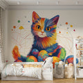 Rainbow Kitten and Yarn Mural Wallpaper — Playful Artistic Design Mural Wallpaper - pure wallpaper artwork