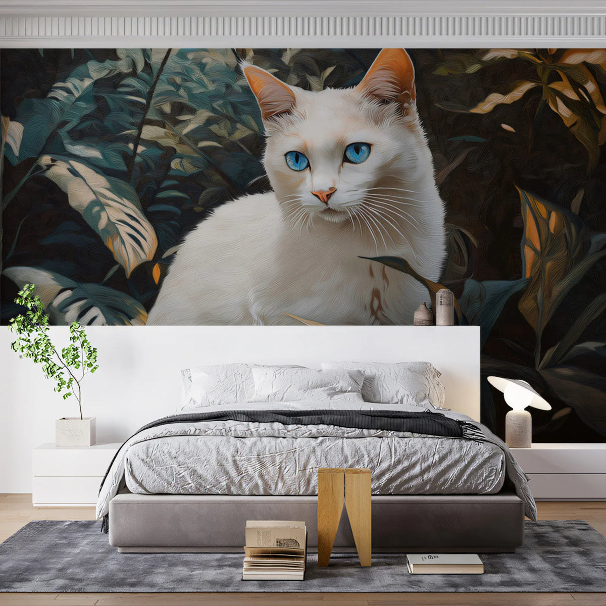 White Cat Tropical Foliage Mural Wallpaper — Painted Style Mural Wallpaper - pure wallpaper artwork