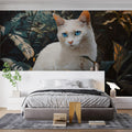 White Cat Tropical Foliage Mural Wallpaper — Painted Style Mural Wallpaper - pure wallpaper artwork