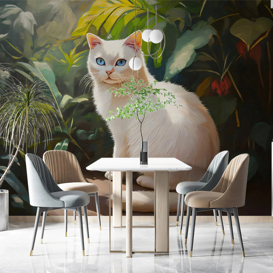 White Cat Tropical Jungle Mural Wallpaper — Painterly Style Mural Wallpaper