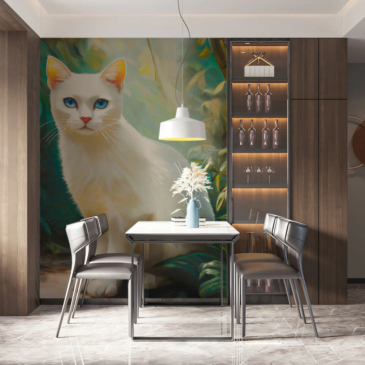 White Cat in Tropical Foliage Mural Wallpaper - pure wallpaper artwork