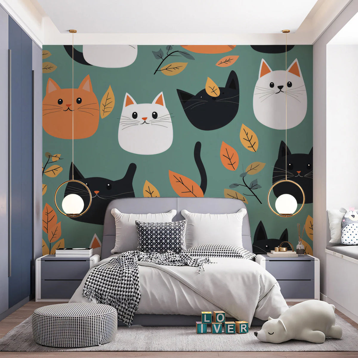 Playful Cat and Foliage Mural Wallpaper — Whimsical Cartoon Pattern Mural Wallpaper - pure wallpaper artwork