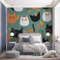 Playful Cat and Foliage Mural Wallpaper — Whimsical Cartoon Pattern Mural Wallpaper - pure wallpaper artwork