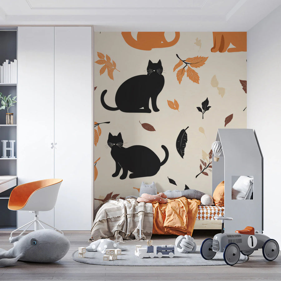 Autumn Cat Silhouette Mural Wallpaper — Whimsical Seasonal Design Mural Wallpaper