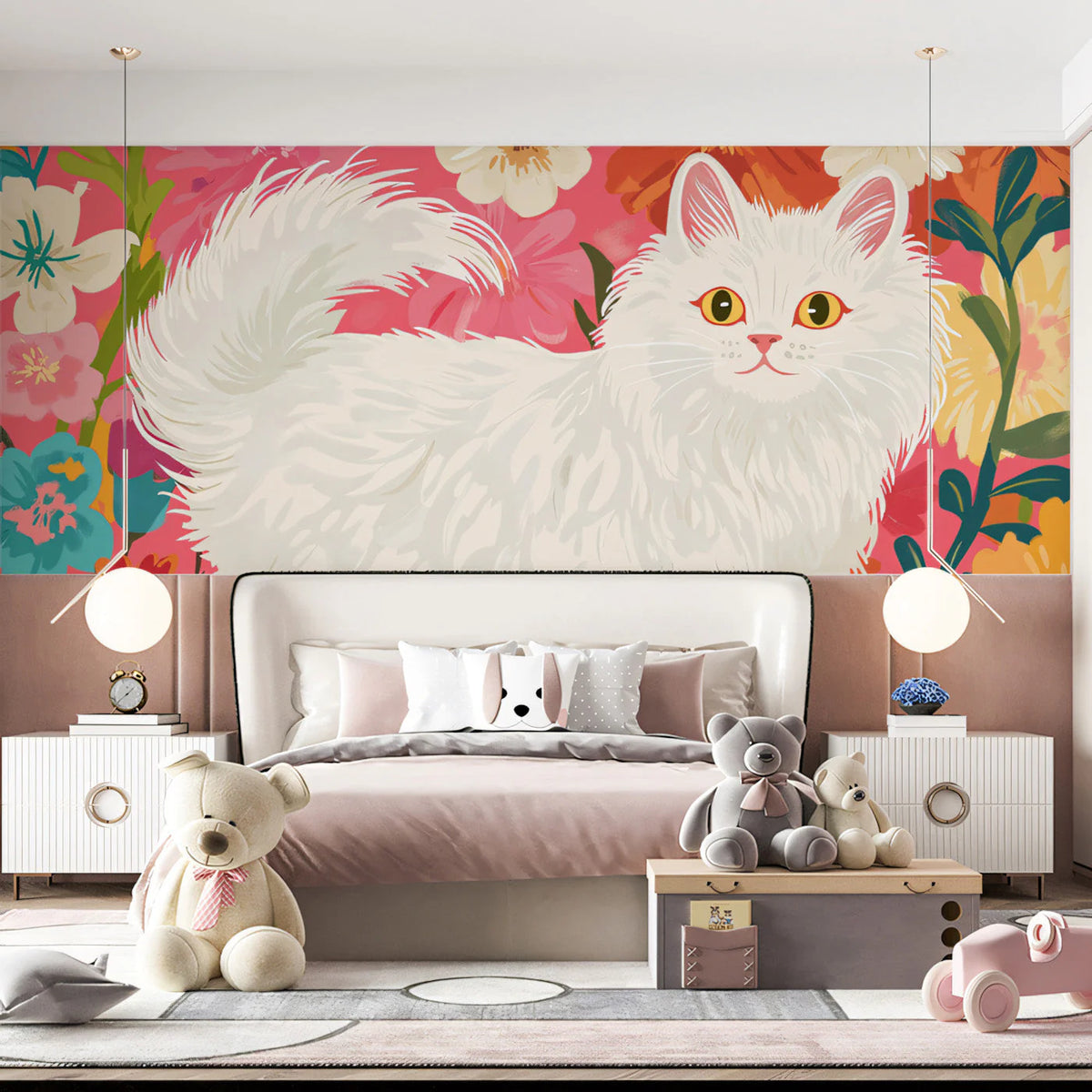 White Persian Cat Floral Mural Wallpaper — Whimsical Garden Art Mural Wallpaper - pure wallpaper artwork