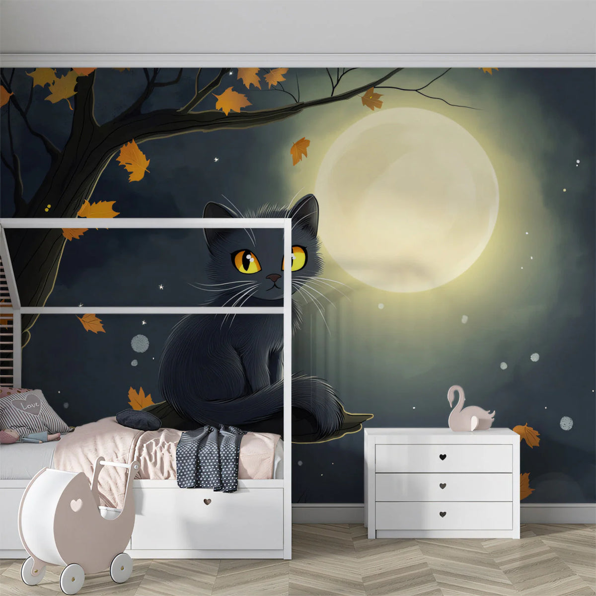 Black Cat and Autumn Moon Mural Wallpaper — Whimsical Night Scene Mural Wallpaper - pure wallpaper artwork