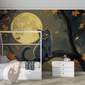 Moonlit Cat Autumnal Forest Mural Wallpaper — Whimsical Night Scene Mural Wallpaper - pure wallpaper artwork